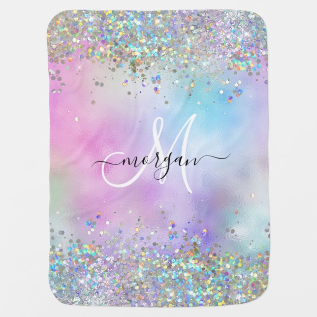 Holographic Glitter Rainbow Pastels Monogram Baby Blanket (Front)