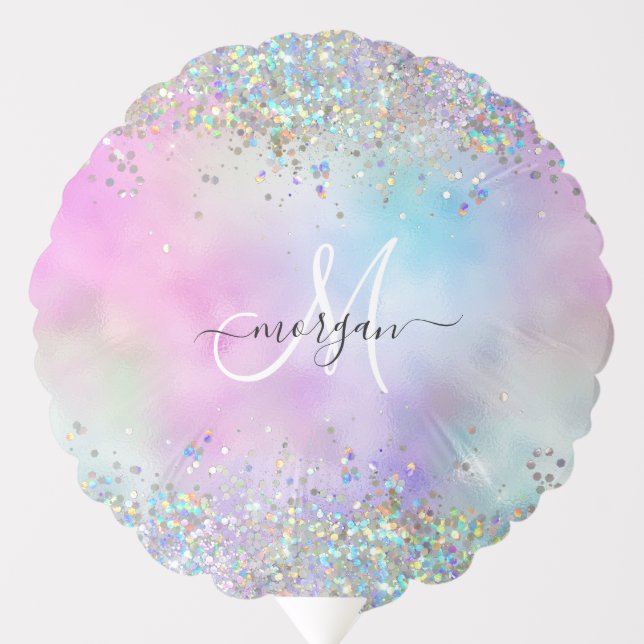 Holographic Glitter Rainbow Pastels Monogram Balloon (Front)