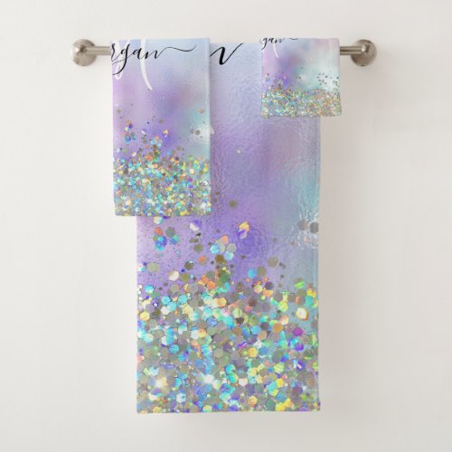 Holographic Glitter Rainbow Pastels Monogram Bath Towel Set