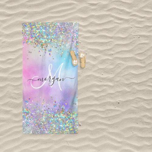 Holographic Glitter Rainbow Pastels Monogram Beach Towel