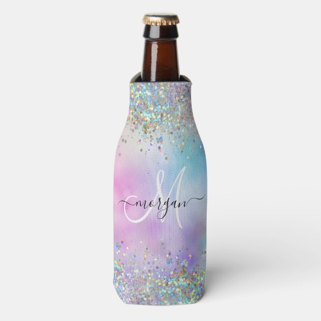 Holographic Glitter Rainbow Pastels Monogram Bottle Cooler (Bottle Front)