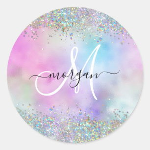 Holographic Glitter Rainbow Pastels Monogram Classic Round Sticker