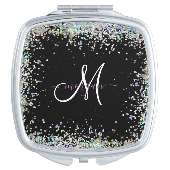 Holographic Glitter Rainbow Pastels Monogram Compact Mirror (Front)