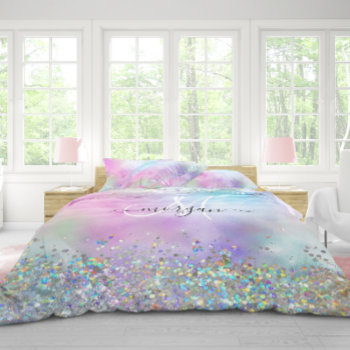 Holographic Glitter Rainbow Pastels Monogram Duvet Cover by freshpaperie at Zazzle