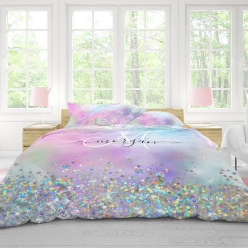 Holographic Glitter Rainbow Pastels Monogram Duvet Cover