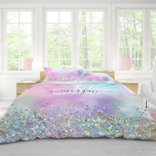 Holographic Glitter Rainbow Pastels Monogram Duvet Cover