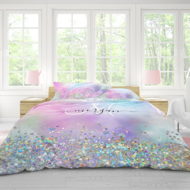 Holographic Glitter Rainbow Pastels Monogram Duvet Cover (Creator Uploaded)