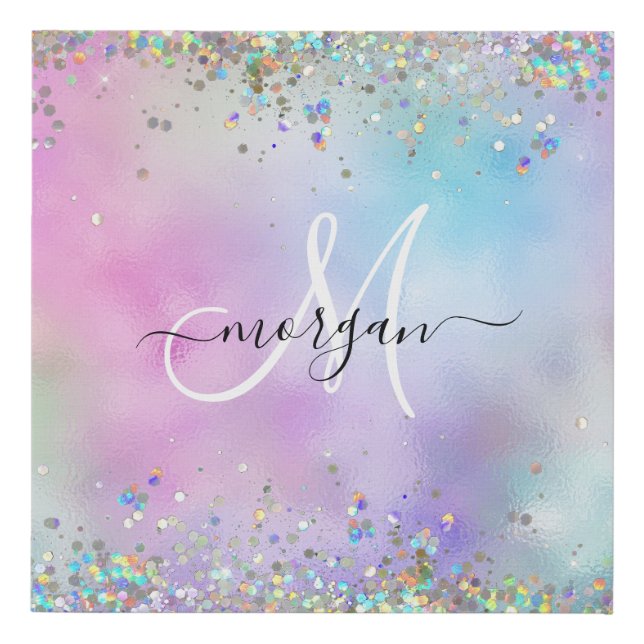 Holographic Glitter Rainbow Pastels Monogram Faux Canvas Print (Front)
