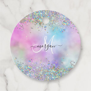 Holographic Glitter Rainbow Pastels Monogram Favor Tags