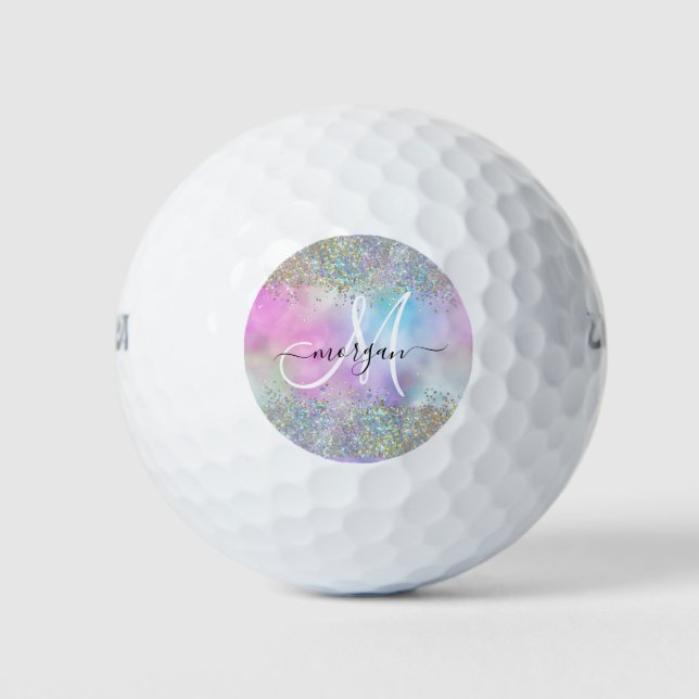 Holographic Glitter Rainbow Pastels Monogram Golf Balls (Front)