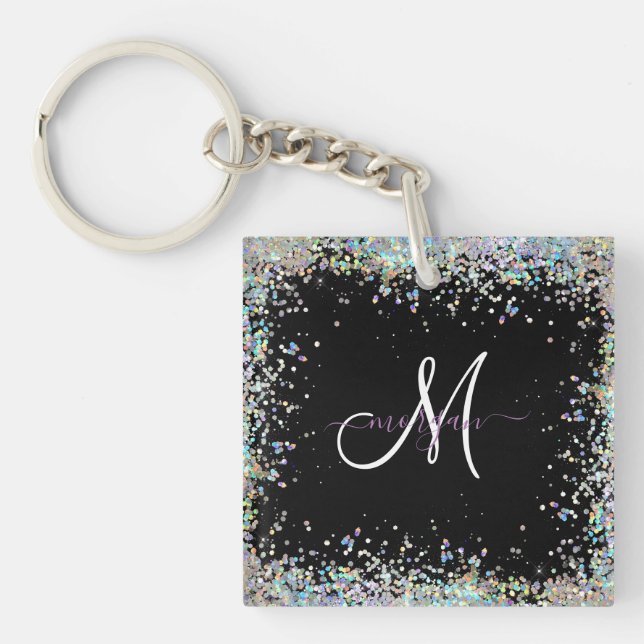 Holographic Glitter Rainbow Pastels Monogram Keychain (Front)