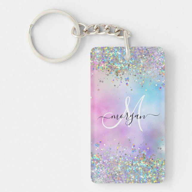 Holographic Glitter Rainbow Pastels Monogram Keychain (Front)