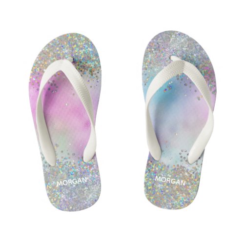 Holographic Glitter Rainbow Pastels Monogram Kids Flip Flops