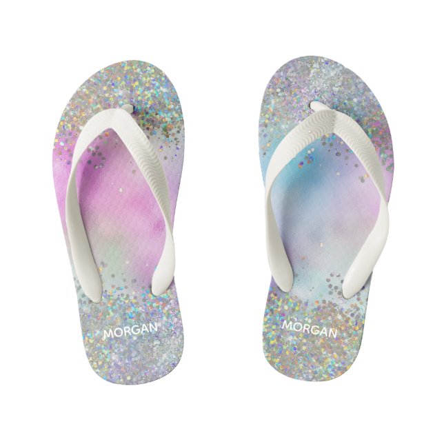 Holographic Glitter Rainbow Pastels Monogram Kid's Flip Flops (Footbed)