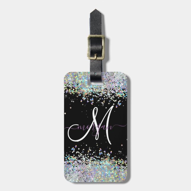 Holographic Glitter Rainbow Pastels Monogram Luggage Tag (Front Vertical)