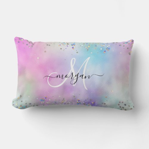 Holographic Glitter Rainbow Pastels Monogram Lumbar Pillow