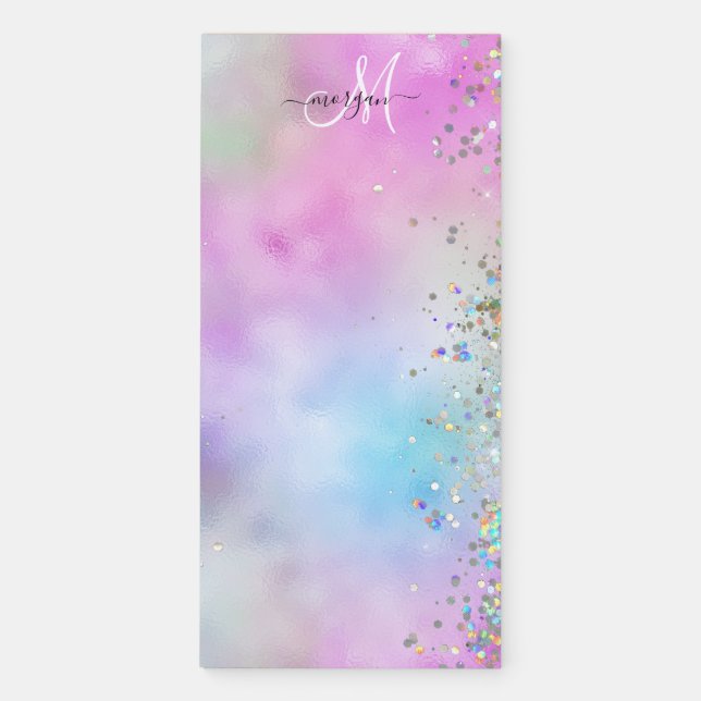 Holographic Glitter Rainbow Pastels Monogram Magnetic Notepad (Front)
