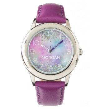 Holographic Glitter Rainbow Pastels Monogram Name Watch by freshpaperie at Zazzle