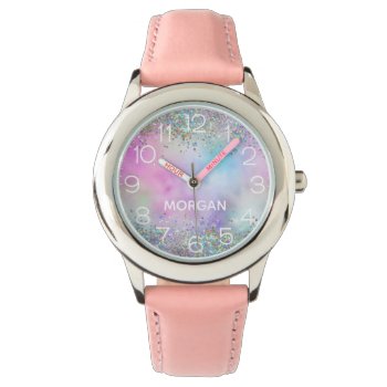 Holographic Glitter Rainbow Pastels Monogram Name Watch by freshpaperie at Zazzle