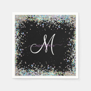 Holographic Glitter Rainbow Pastels Monogram Napkins