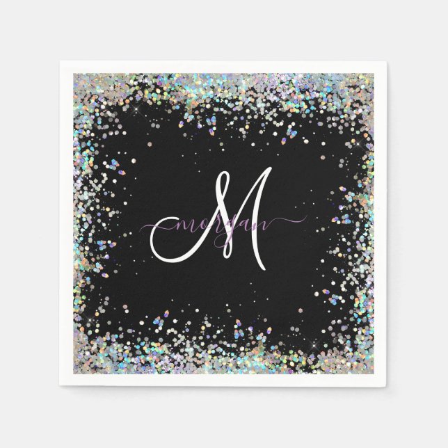 Holographic Glitter Rainbow Pastels Monogram Napkins (Front)