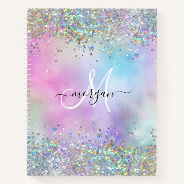 Holographic Glitter Rainbow Pastels Monogram Notebook (Front)