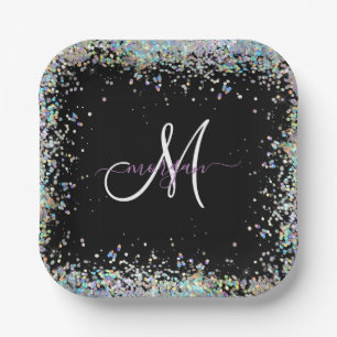 Holographic Glitter Rainbow Pastels Monogram Paper Plates