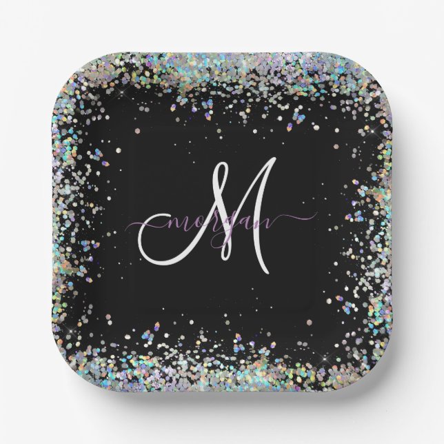 Holographic Glitter Rainbow Pastels Monogram Paper Plates (Front)