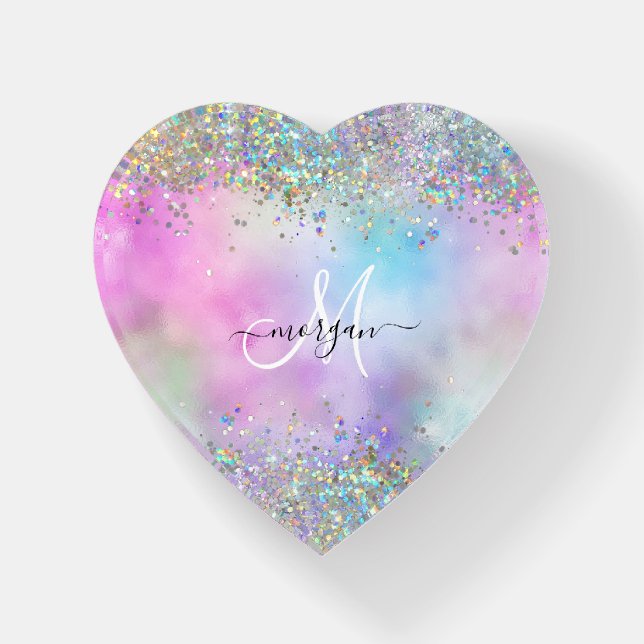 Holographic Glitter Rainbow Pastels Monogram Paperweight (Front)