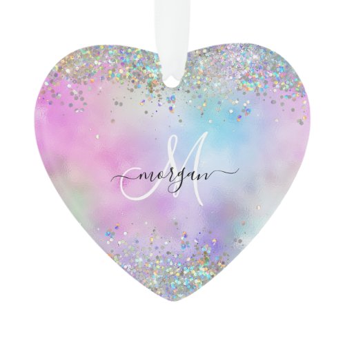 Holographic Glitter Rainbow Pastels Monogram Photo Ornament