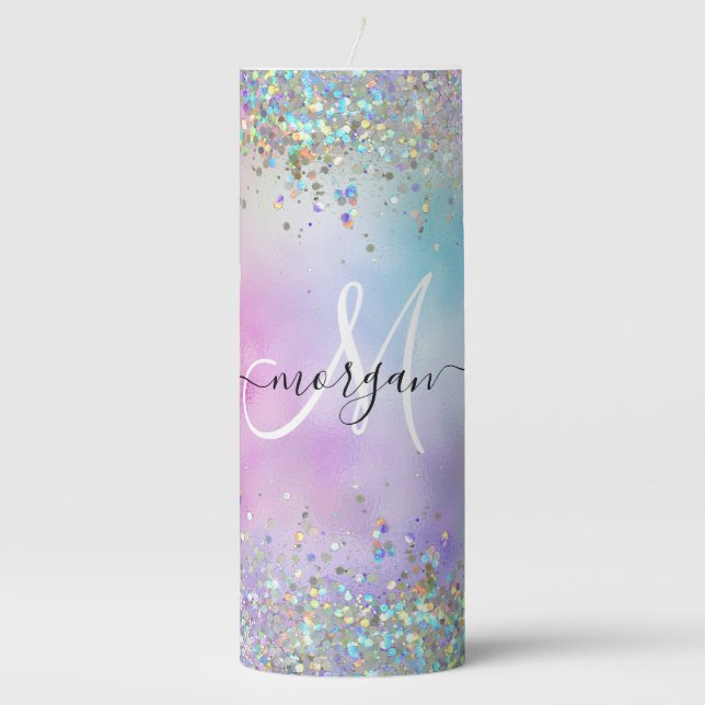 Holographic Glitter Rainbow Pastels Monogram Pillar Candle (Front)