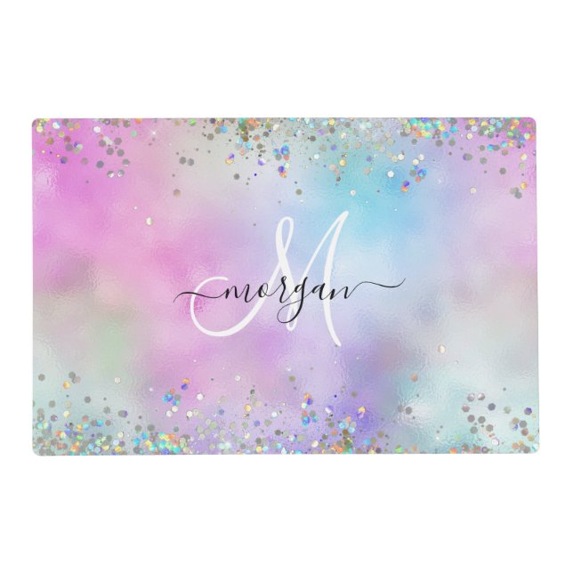 Holographic Glitter Rainbow Pastels Monogram Placemat (Front)