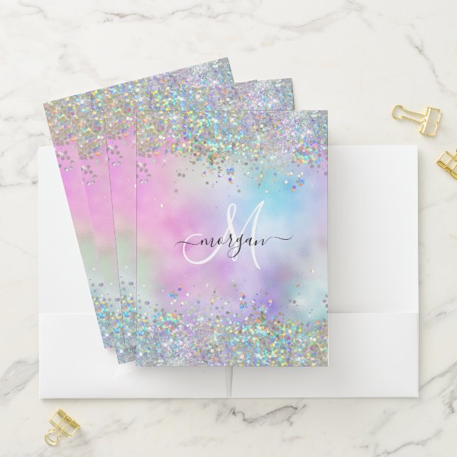 Holographic Glitter Rainbow Pastels Monogram Pocket Folder (In Situ)