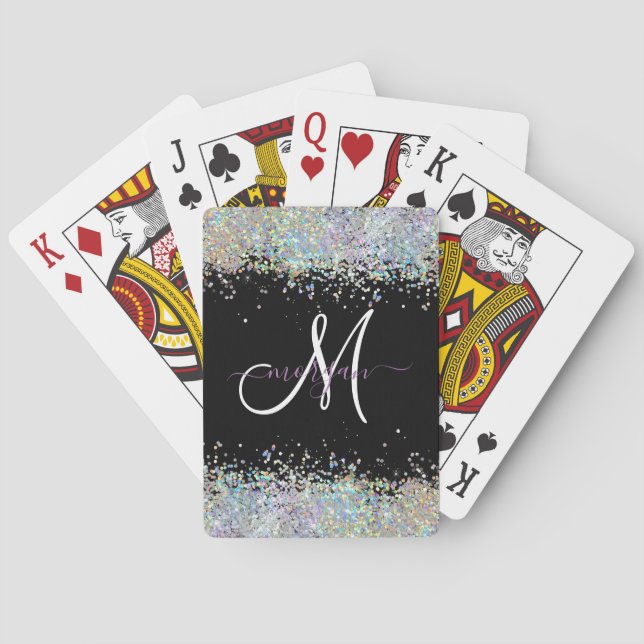 Holographic Glitter Rainbow Pastels Monogram Poker Cards (Back)
