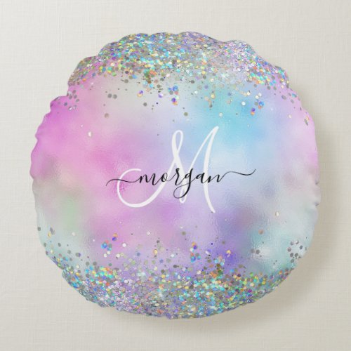 Holographic Glitter Rainbow Pastels Monogram Round Pillow