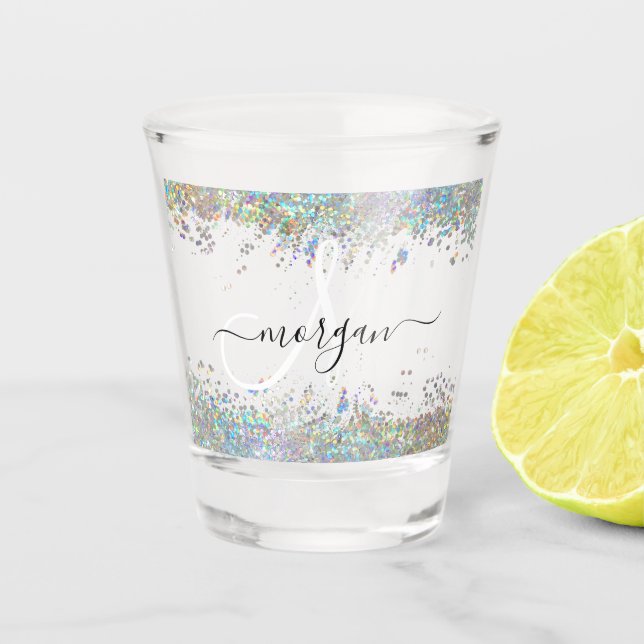 Holographic Glitter Rainbow Pastels Monogram Shot Glass (Front)