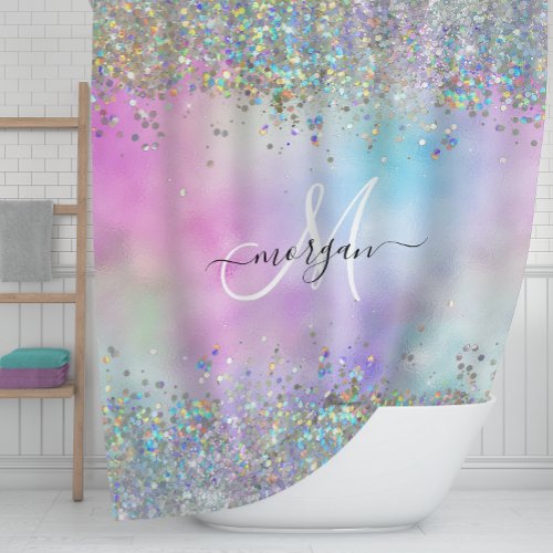 Holographic Glitter Rainbow Pastels Monogram Shower Curtain
