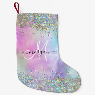 Holographic Glitter Rainbow Pastels Monogram Small Christmas Stocking