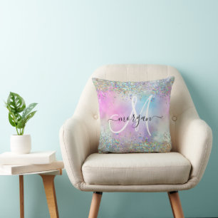 Holographic Glitter Rainbow Pastels Monogram Throw Pillow
