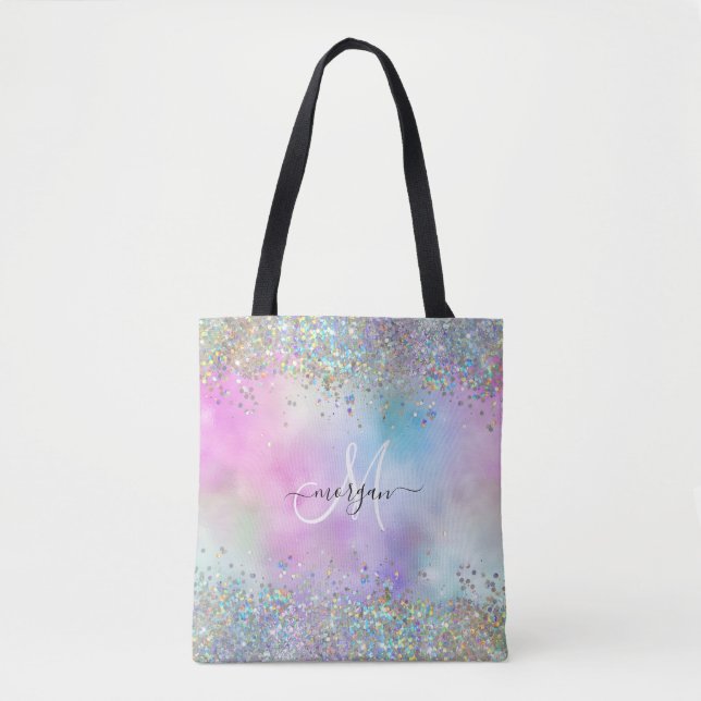 Holographic Glitter Rainbow Pastels Monogram Tote Bag (Front)