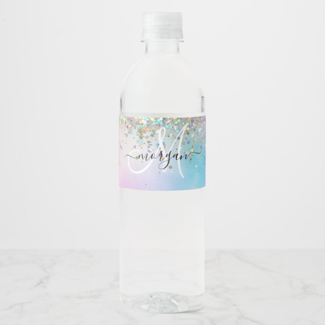 Holographic Glitter Rainbow Pastels Monogram Water Bottle Label (Front)