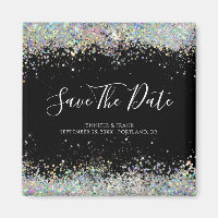 Holographic Glitter Save The Date Elegant Black