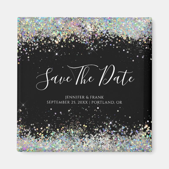 Holographic Glitter Save The Date Elegant Black Magnet (Front)