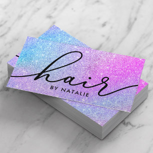 Holographic Glitter Script Typography Hair Stylist Business Card