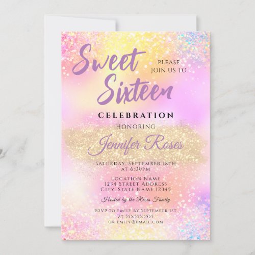 Holographic Glitter Sparkles Sweet 16 Girly Modern Invitation
