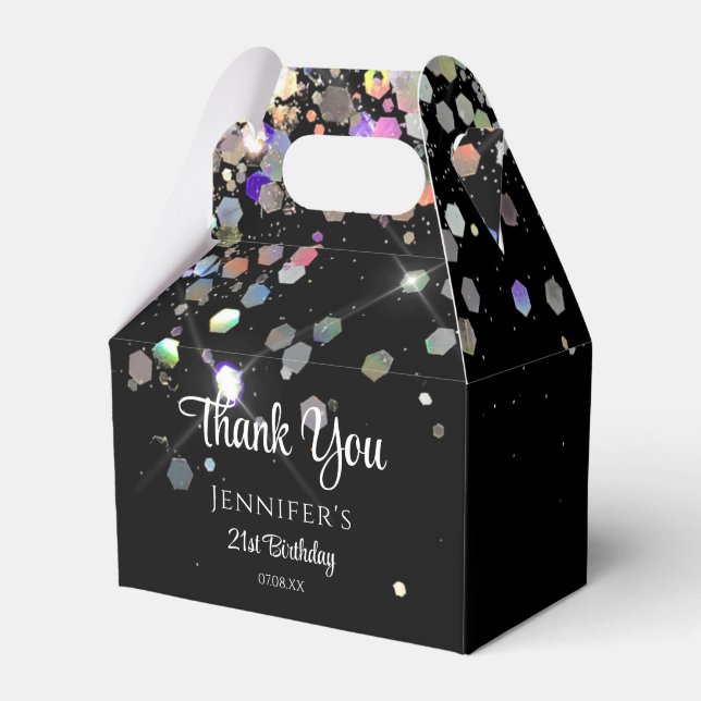 Holographic Glitter Thank You Black Elegant Favor Boxes (Front Side)