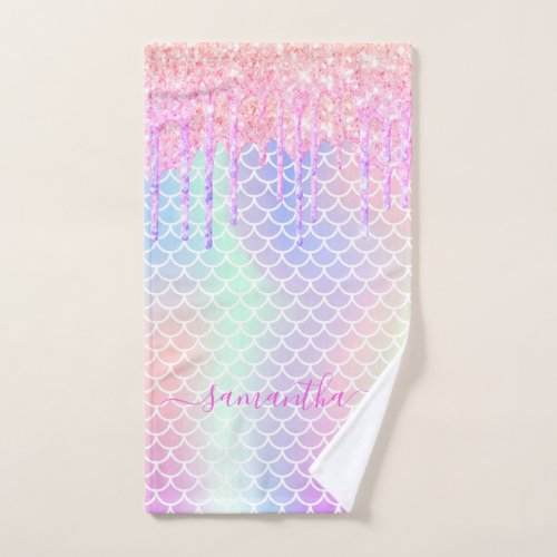 Holographic glitter unicorn mermaid scales name bath towel set