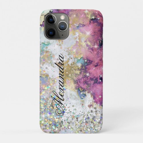 Holographic Glitter Unique Gold Pink Marble iPhone 11 Pro Case