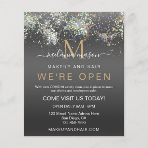Holographic Glitter We're Open Salon Black Elegant Flyer
