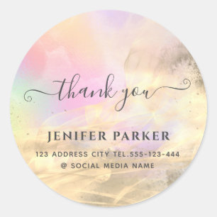 Holographic gold abstract modern script thank you classic round sticker